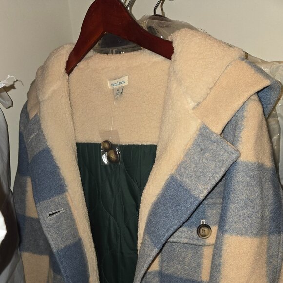 Sundance blue buffalo-check hooded jacket/ shacket/car coat. XL. NWOT - Picture 1 of 5